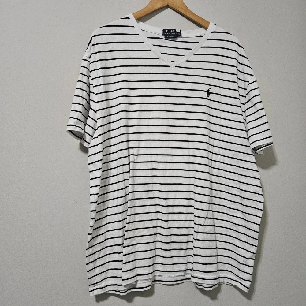 Polo Ralph Lauren Mens XL‎ Classic Fit V-Neck Striped T-Shirt White Navy Blue